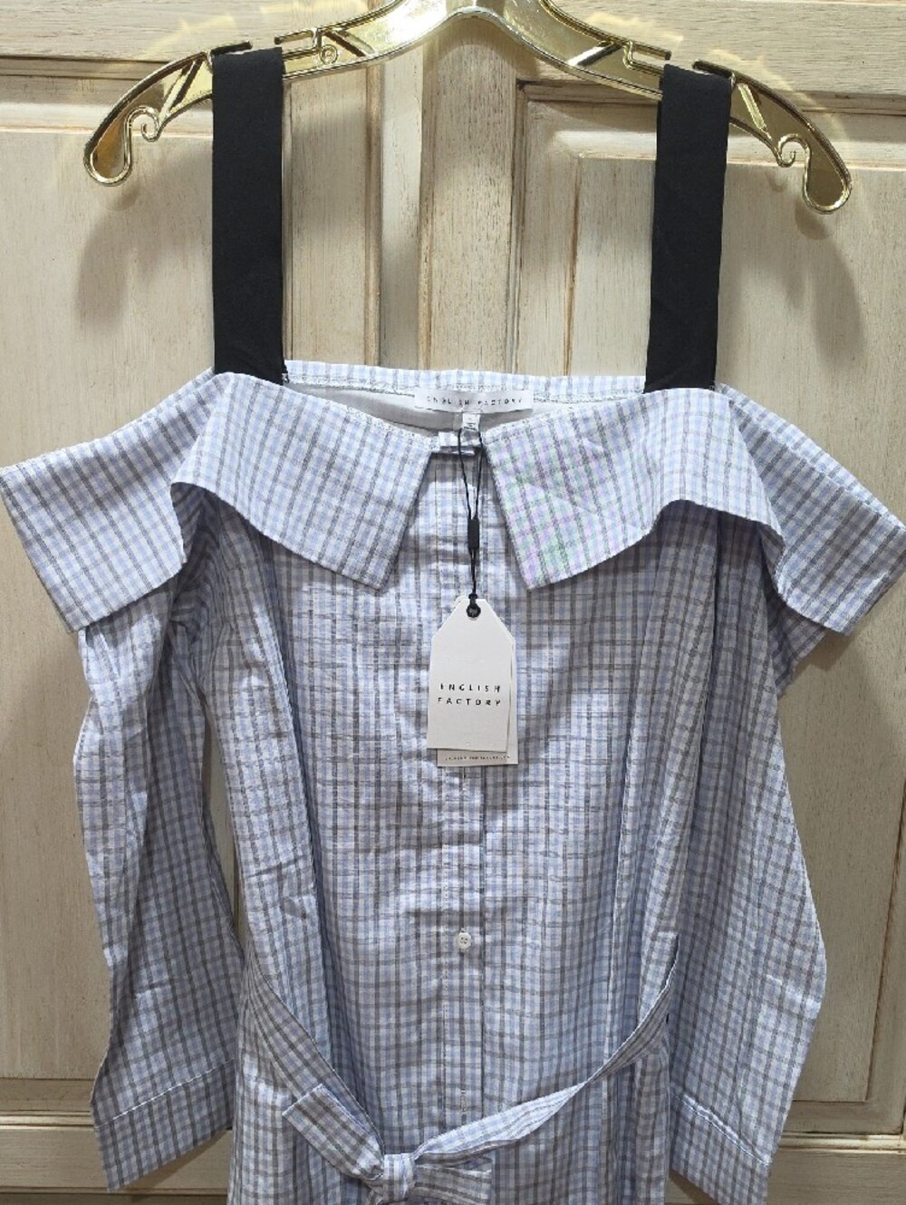 English Factory Blue and White Plaid Off-Shoulder Shirt Dress $140 - Picture 4 of 6